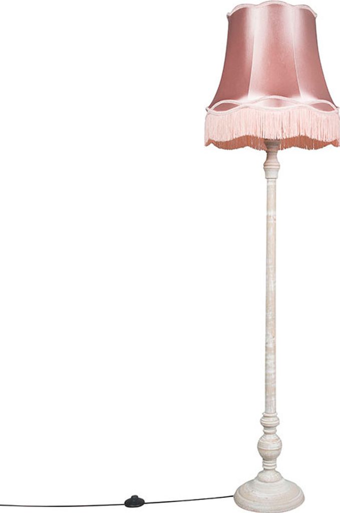 QAZQA - Retro Retro Stehlampe grau mit rosa Oma Schatten - Classico I Wohnzimmer I Schlafzimmer - Holz Rund - LED geeignet E27