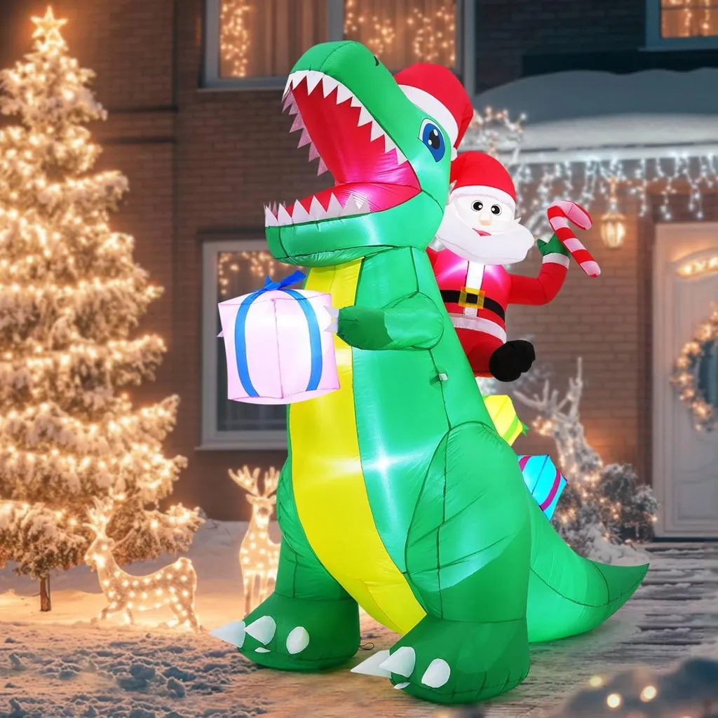 Père Noël gonflable sur dinosaure 213 cm avec LED pour jardin extérieur