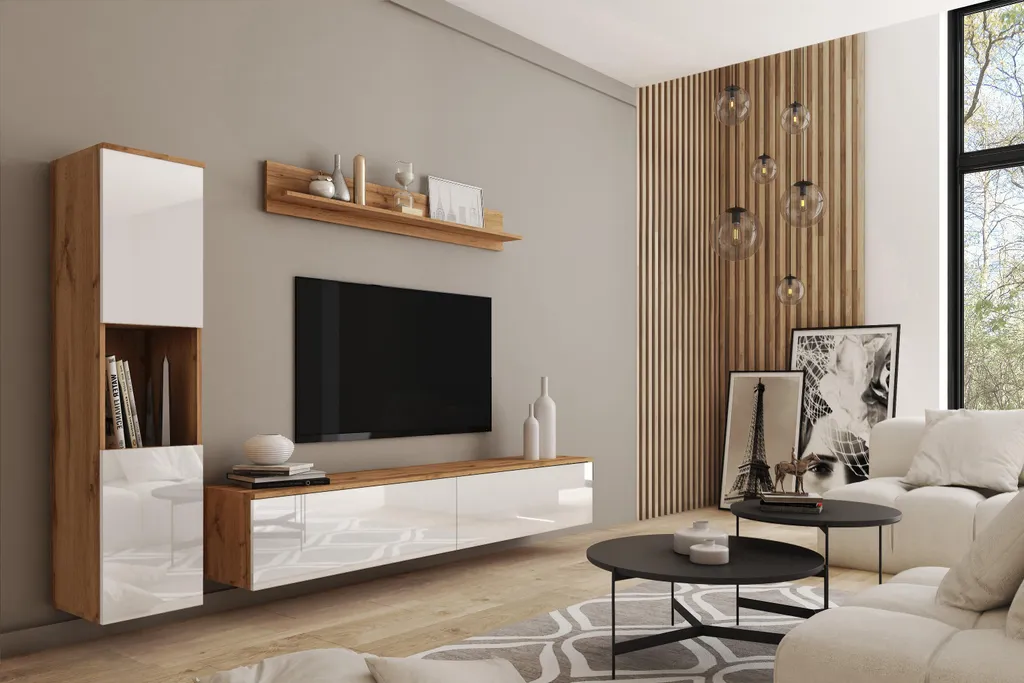 Meuble-paroi MINIO PARMA 3 pièces Chêne Wotan et Blanc avec LED Salon