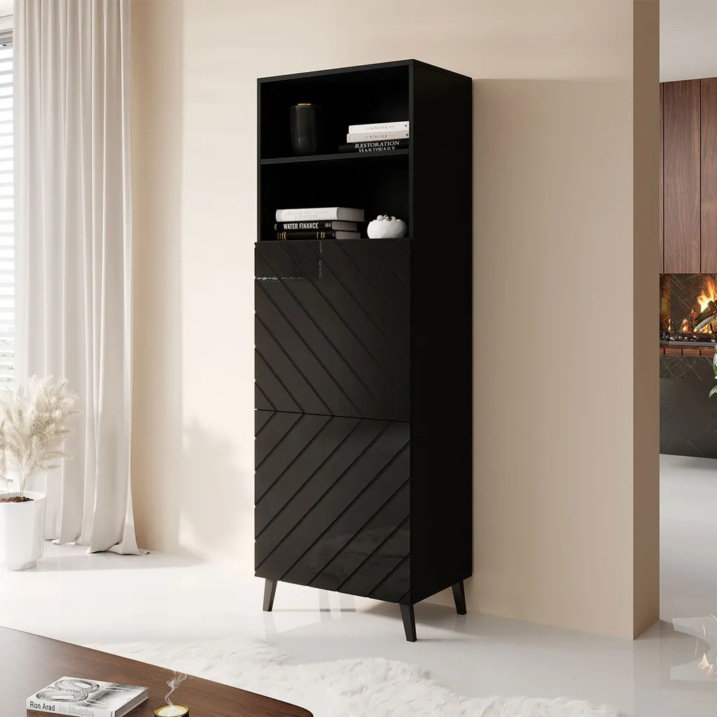 Étagère à rayons BERMEJO avec portes Noir Brillant - Buffet de Salon Moderne