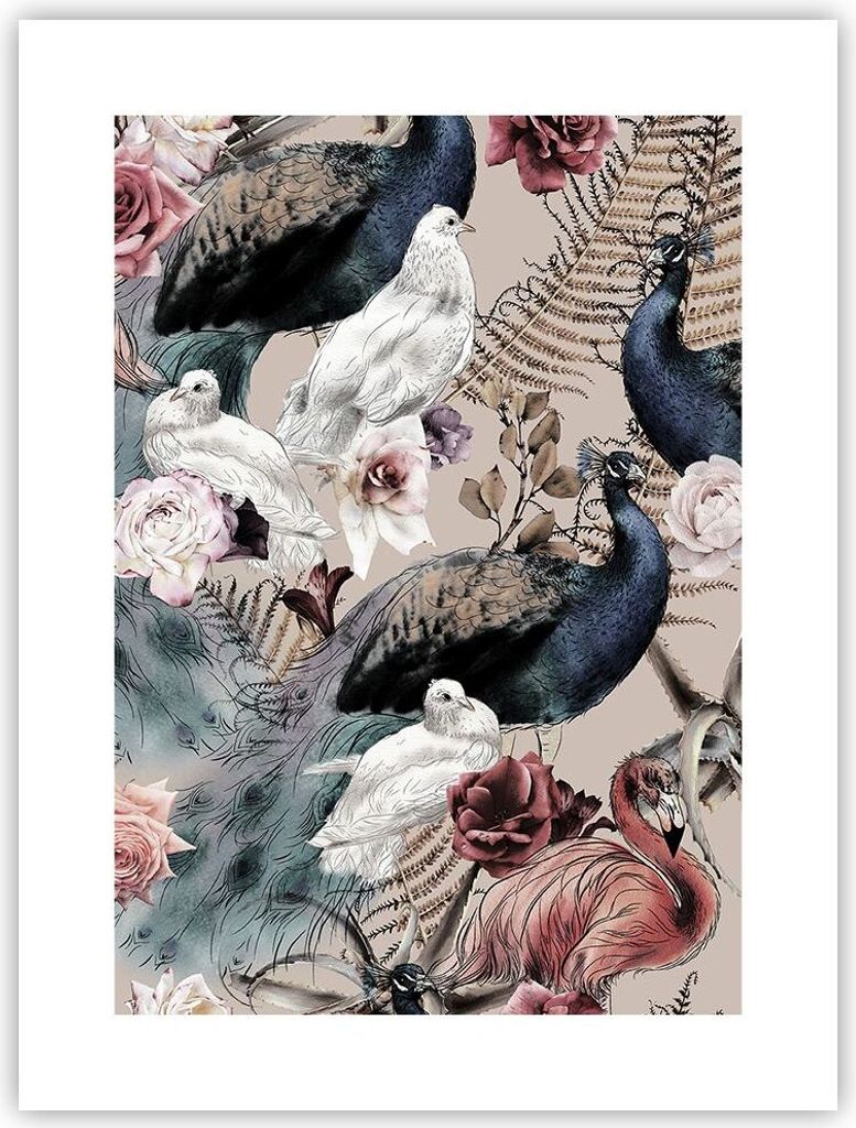 Poster - Poster ohne Rahmen - Pfauen Squab Flamingos - 30x40 cm - Wand Bild - Wanddeko - Wandbilder - Kunstposter - Wandposter - Bilder - Kunstdruc...