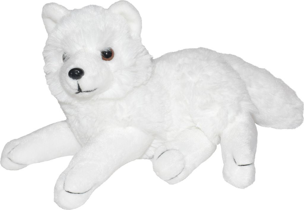 A white stuffed arctic fox is lying down on a white background.