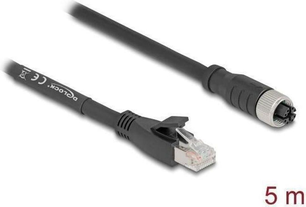 Delock - Netzwerkkabel - 8 pin M12-X (W) zu RJ-45 (M) - 5,0m - 6,8 mm - S/FTP - CAT 5e - X-kodiert, flexibel - Schwarz