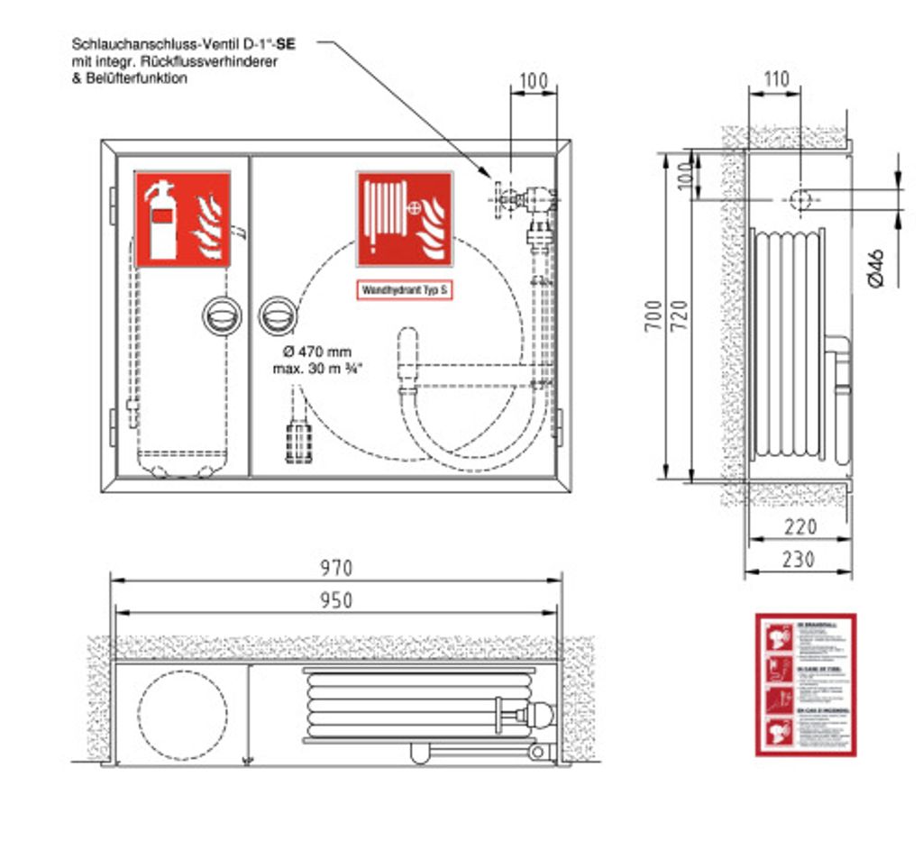 UP Wandhydrantenschrank Typ S Wandhydrant Einbauschrank, inkl. Feuerlöscherfach