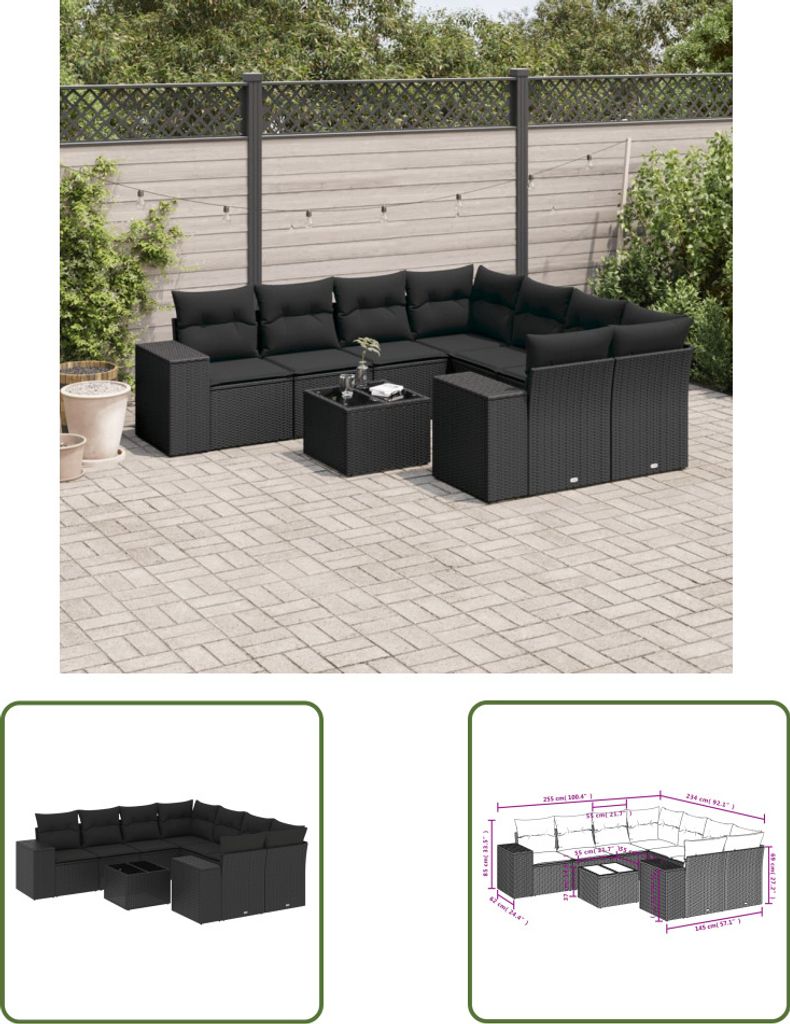 The Living Store 9-tlg. Garten-Sofagarnitur mit Kissen Schwarz Poly Rattan