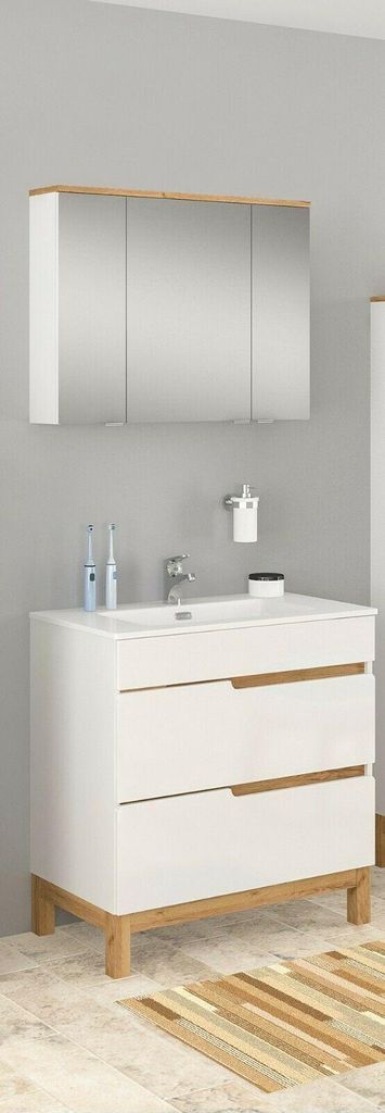 Badmöbel Set SPEK 80 mit Waschbecken Keramik WEISS HOCHGLANZ / EICHE MATT LED Waschbecken Waschbeckenunterschrank Spiegelschrank