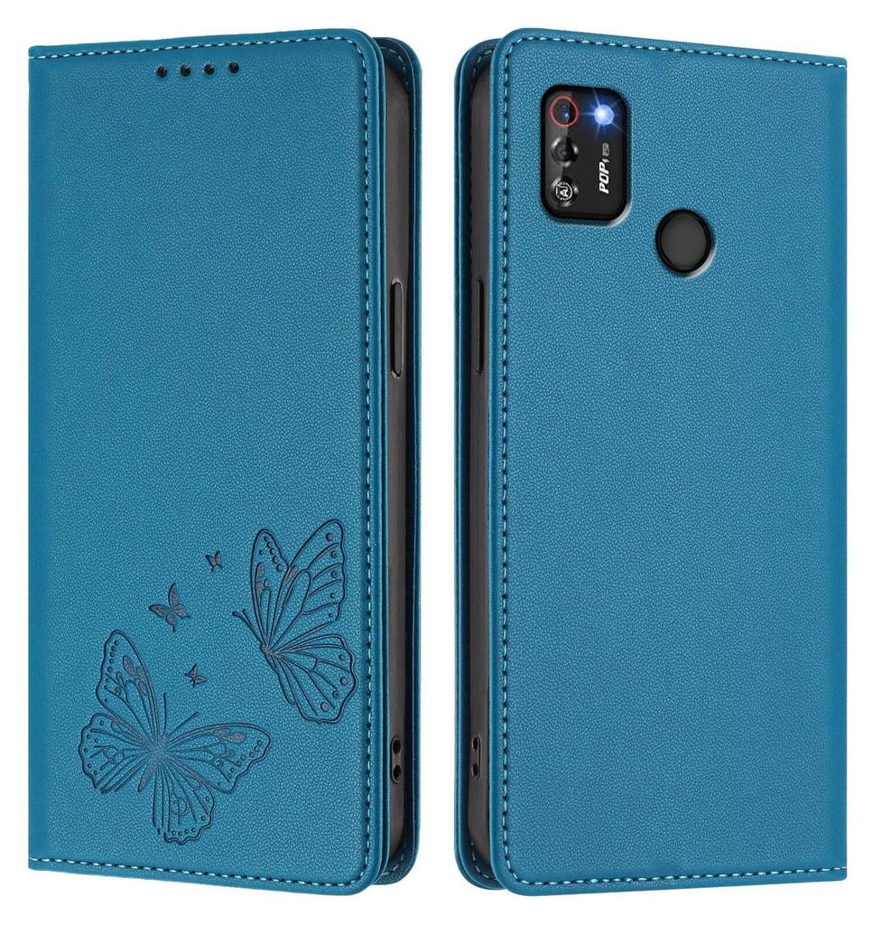 Lederhülle für Tecno Pop 4 Pro, Schmetterling Prägung Leder Brieftasche Schutzhülle mit Ständer Blau
