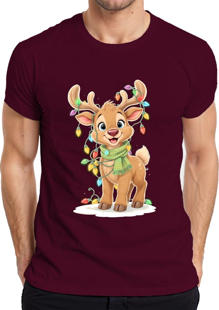 Weihnachtsrentier Niedlich Kinder Weihnachten Lichterkette Cartoon Herren T-Shirt, Burgundy, M