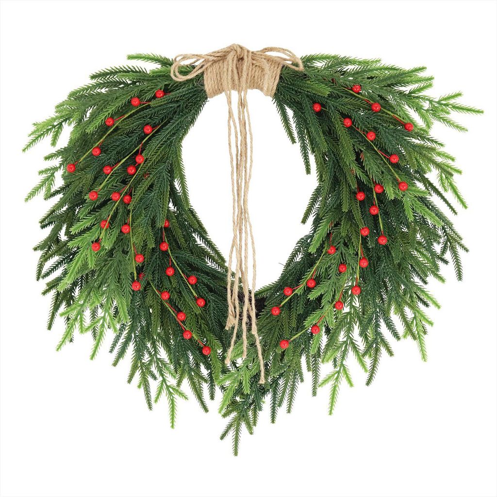 Realistischer Weihnachtskranz mit roten Beeren, Juteschleife und weichem Tannenzweig – für drinnen und draußen – Weihnachtsdekoration
