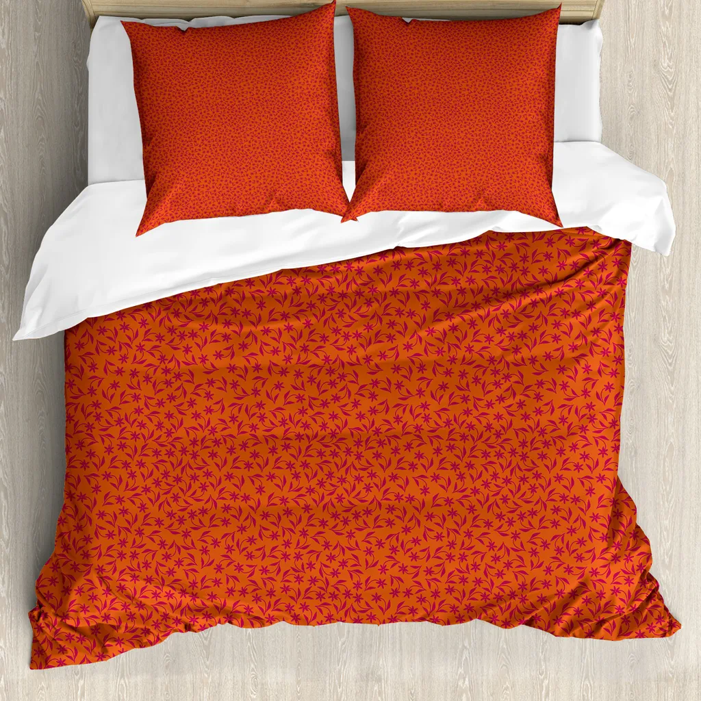 ABAKUHAUS Set copripiumino arancione marrone per letti matrimoniali, fiori primaverili, antiacaro, adatto a chi soffre di allergie, con federe, rosso scarlatto e marrone castagna