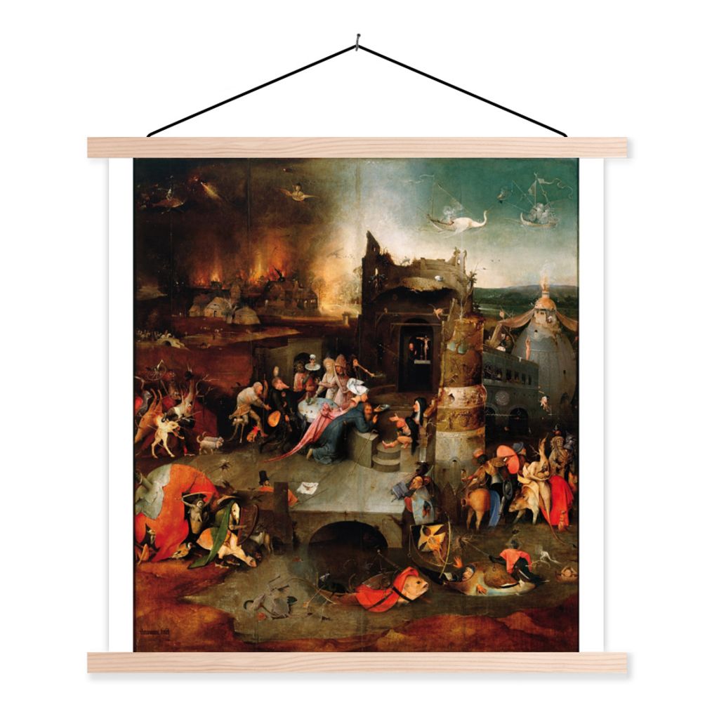 MuchoWow Textilposter Versuchung des Heiligen Antonius - Gemälde von Hieronymus Bosch 40x40 cm mit holzfarbenen Rahmen - Posterleiste