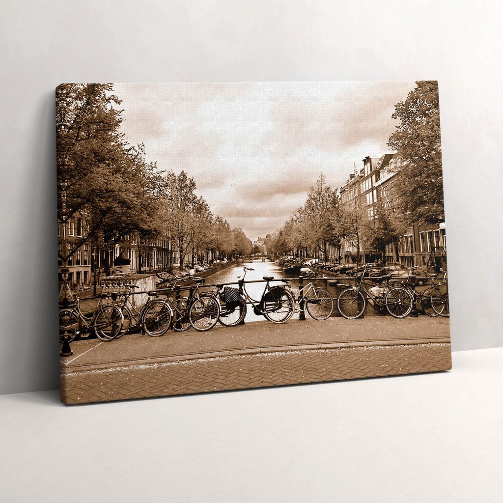 Ansicht von Amsterdam mit Fahrrädern – Leinwandbild Wandbild – 80x60 cm – Leinwandbilder – Wandbilder – Schlafzimmer – Flur