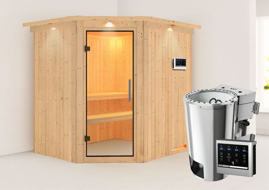 Karibu Sauna Innensauna Lilja Eckeinstieg Ofen 3,6 kW -Ofen externe Strg. easy 210x184x202 cm mit Dachkranz mit Klarglastür