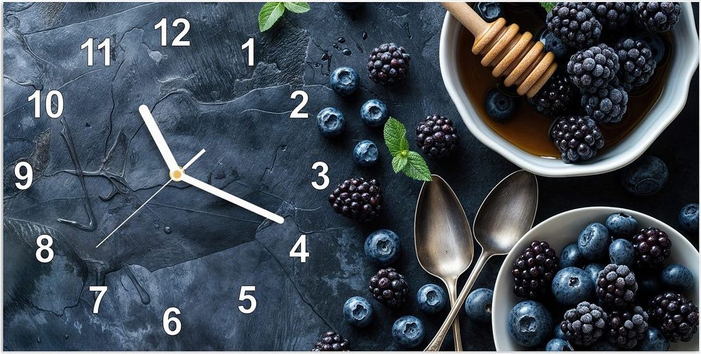 Wanduhr aus Glas mit Motiv Blaubeeren Stillleben- 60 x 30 cm - inkl. Aufhängesystem