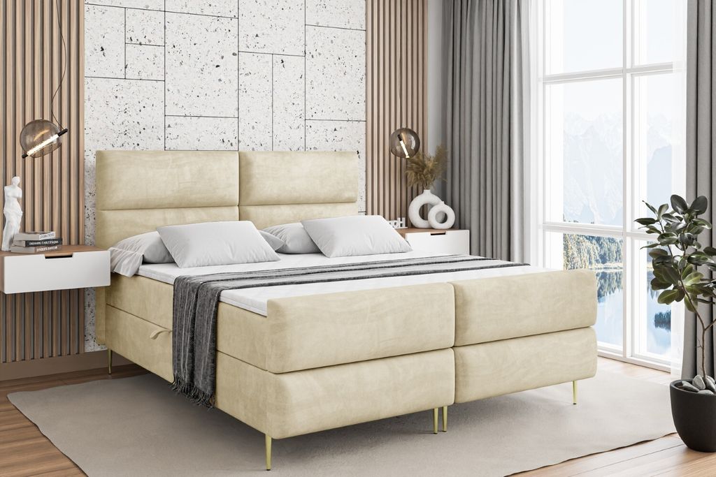 ALTDECOR Boxspringbett mit Gold Füßen, Matratze und Lattenrost, Topper, Fußteil, Polsterbett mit Bettkasten, Bett mit Stauraum H3-Matratze, Dopp...