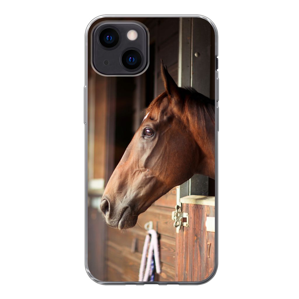 MuchoWow Handyhülle Schutzhülle Hülle für iPhone 13 mini Pferd - Stall - Sonne Silikon Softcase Handy Hülle - Softcase
