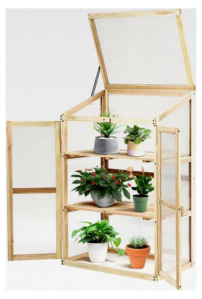Frühbeetkasten mit Abdeckung, Gewächshaus aus Tannenholz und Polycarbonat, Hochbeet für Garten und Balkon, 60 x 45 x 100 cm