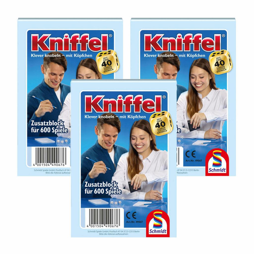 Schmidt Spiele Kniffelblock 3er Set, Zusatzblock, Familienspiel, Brettspiel, 2 bis 8 Spieler, 3 x 600 Spiele