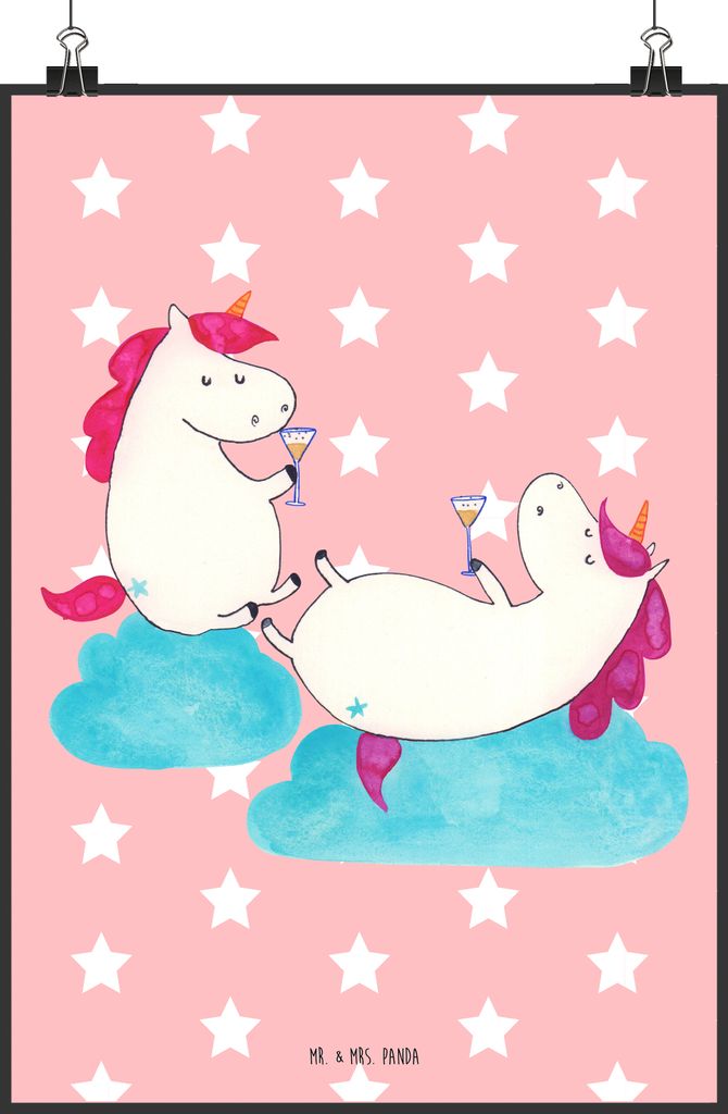 Mr. & Mrs. Panda Bild Einhorn Sekt DIN A2 - Rot Pastell - Geschenk, Wandbild, drucke, Deko, kunstdruck poster, Unicorn, Design, Korken, Beste, BFF,...