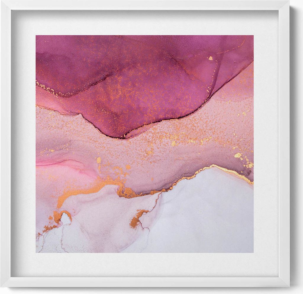 Rosa abstrakt mit Gold– Wandbild mit Rahmen – Gerahmtes Bild – Wanddekoration – 50x50 cm – Weiß Rahmen