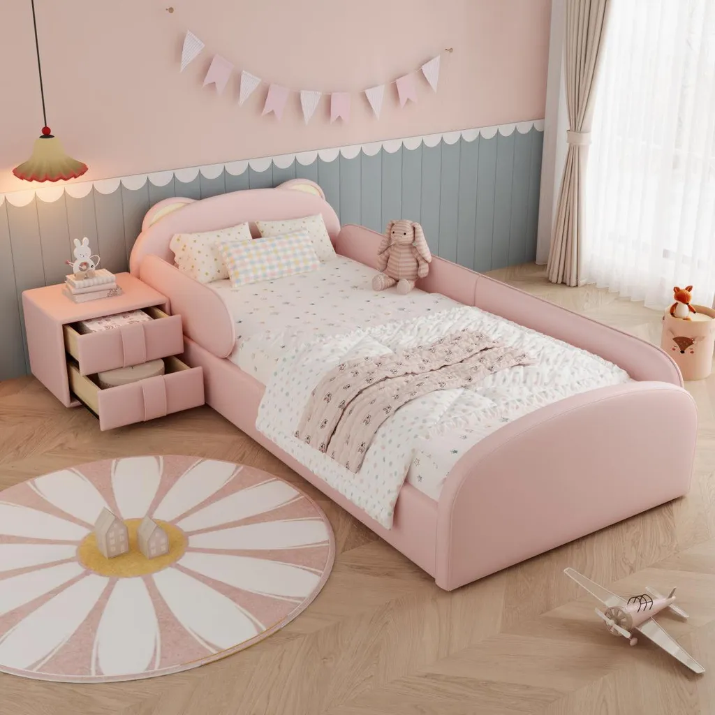 Lit ours 90x200 cm rose en velours avec bordure anti-chocs et chevet