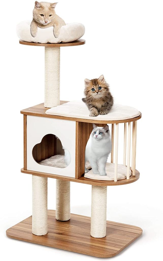 GOPLUS 117cm Katzenbaum mit 3 Schichte & Matte abnehmbar und waschbar, Kletterbaum mit Sisal-Kratzstangen & Plüsch-Sitzmulden & Höhle, für Kät...