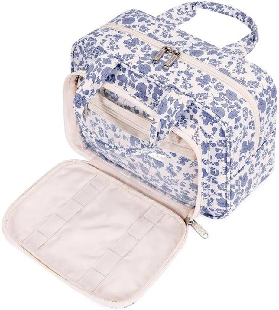 Grande trousse de maquillage à motif floral gris-bleu pour femme et homme