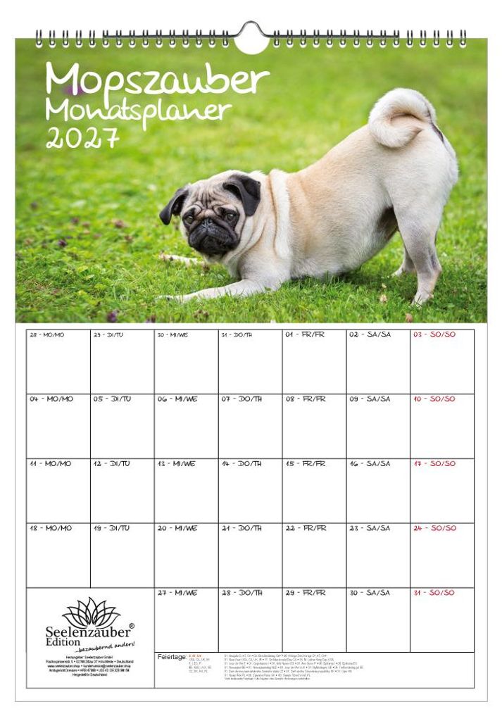 Mopszauber Planer DIN A3 Kalender für 2027 Mops Hunde und Welpen - Seelenzauber
