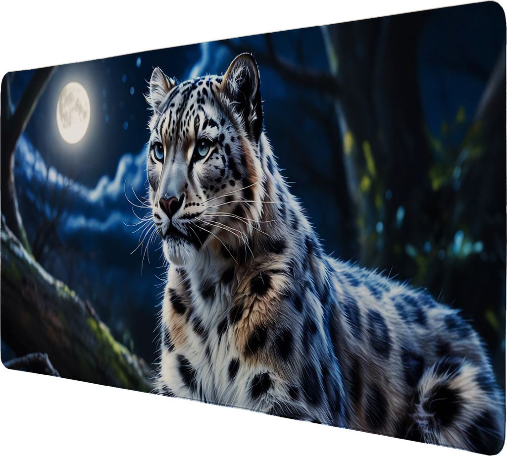 Schneeleopard im Nachtwald Schreibtischunterlage 89x40cm XXL Mauspad