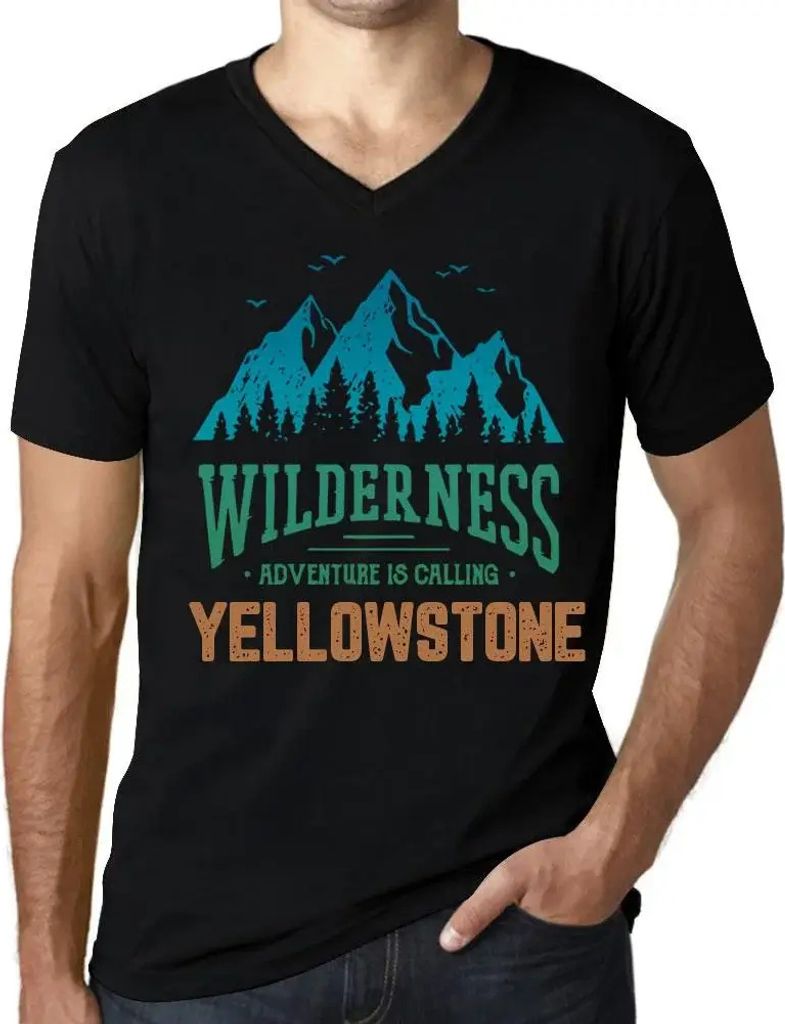 Herren Grafik T-Shirt V-Ausschnitt Die Wildnis das Abenteuer ruft in Yellowstone – Wilderness, Adventure Is Calling Yellowstone – Öko-Verantwo...