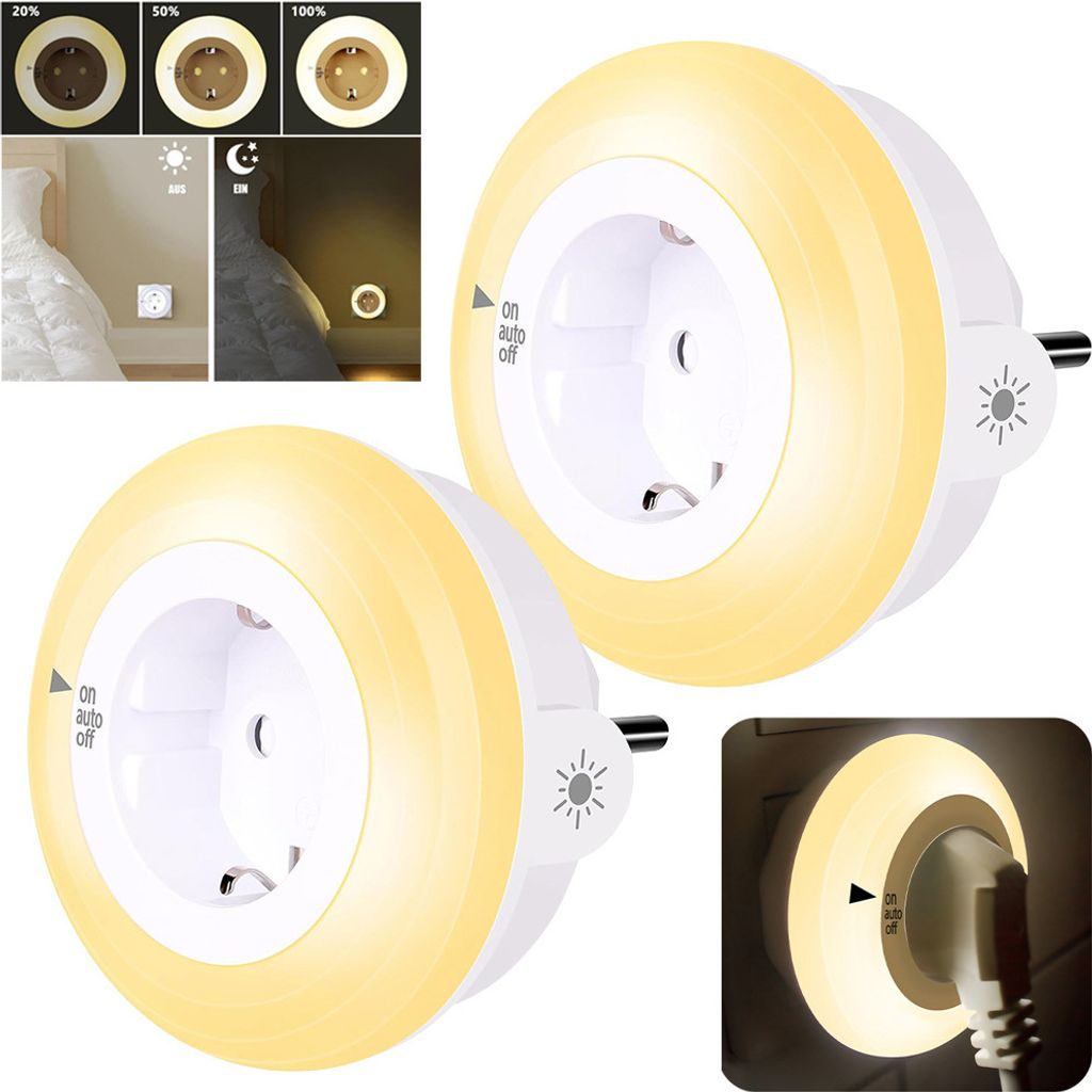 2 Stück Lichtsensor Plug-in LED Nachtlicht, dimmbare warmweiße Nachtlampe für Flur Schlafzimmer Kinderzimmer Treppe