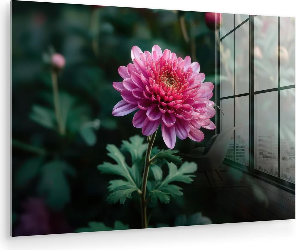 MuchoWow Glasbilder - Bilder auf Wandbild - Foto auf Glas Blatt - Chrysantheme - Rosa - Schatten 120x80 cm Wanddekoration aus Glas - Acrylglasbild ...