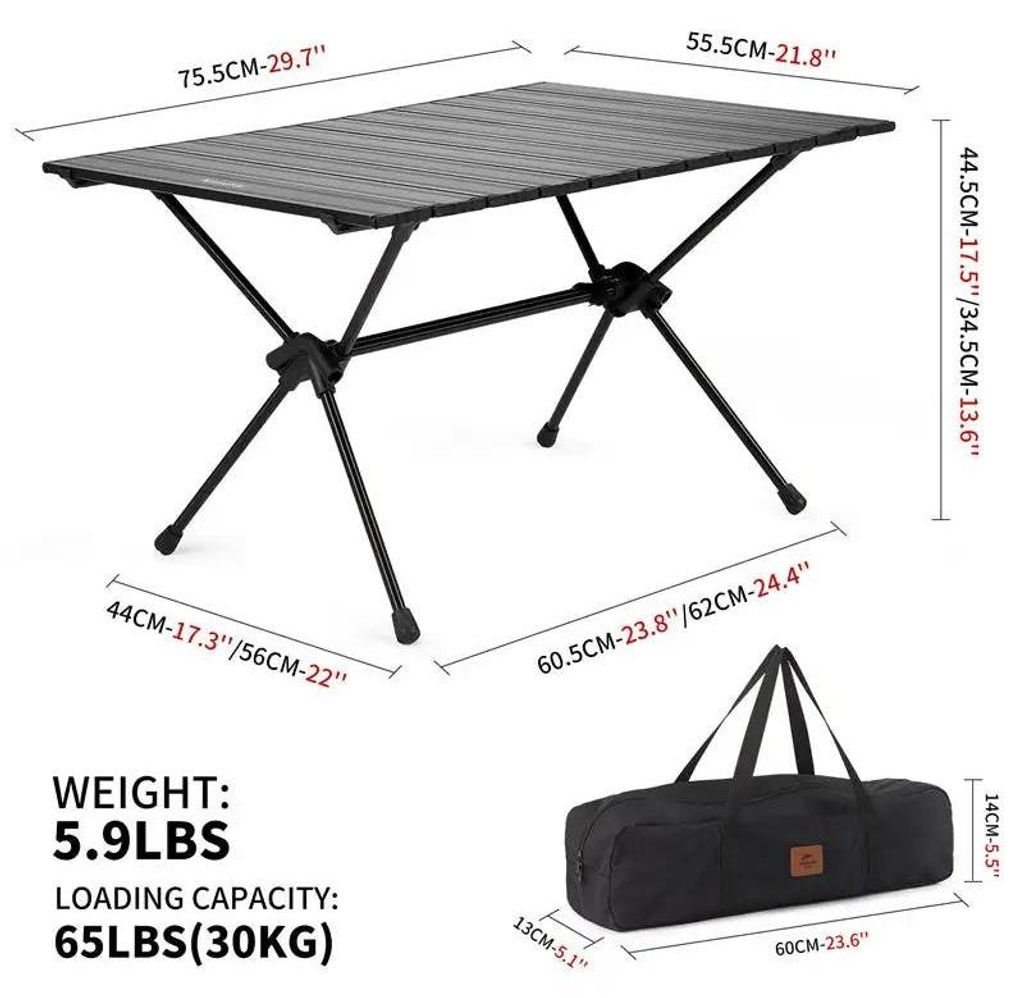 FT11 klappbarer Campingtisch - Rolltisch - 7075 Aluminium, 75,5x55,5x44,5 cm, Faltmaß 60x13x14 cm, Tragkraft 30 kg, Gewicht 2,7 kg - Schwarz