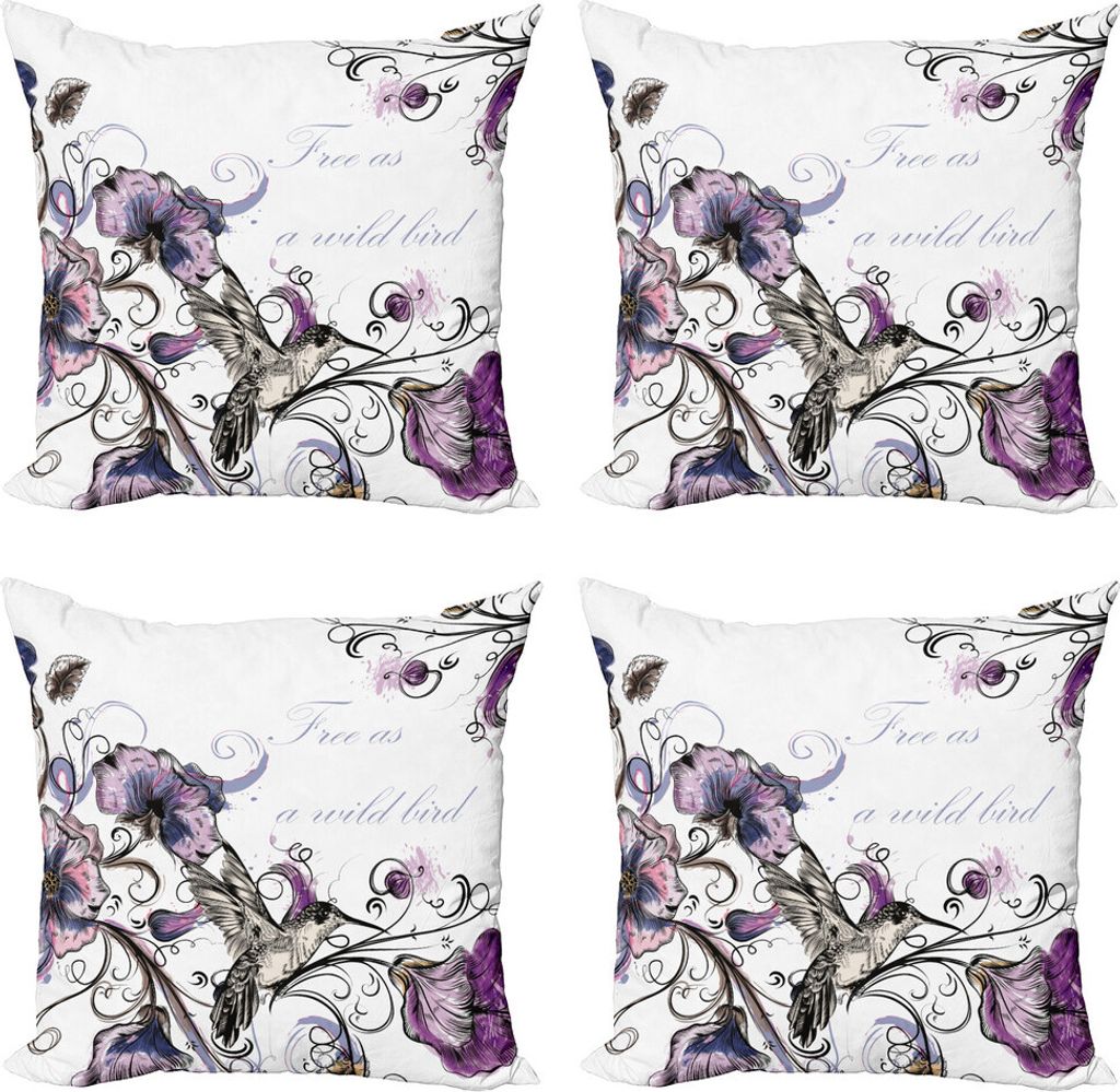ABAKUHAUS Kolibri Kissenbezug Set (4 Stück), Aufwändige Blumen-Blatt, Moderner Doppelseitiger Digitaldruck, 40 cm x 40 cm, lila Schwarz