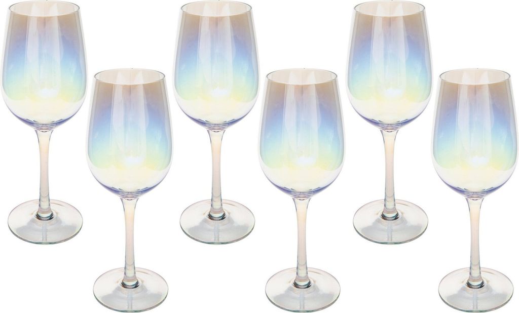 A set of six iridescent wine glasses on a white background.