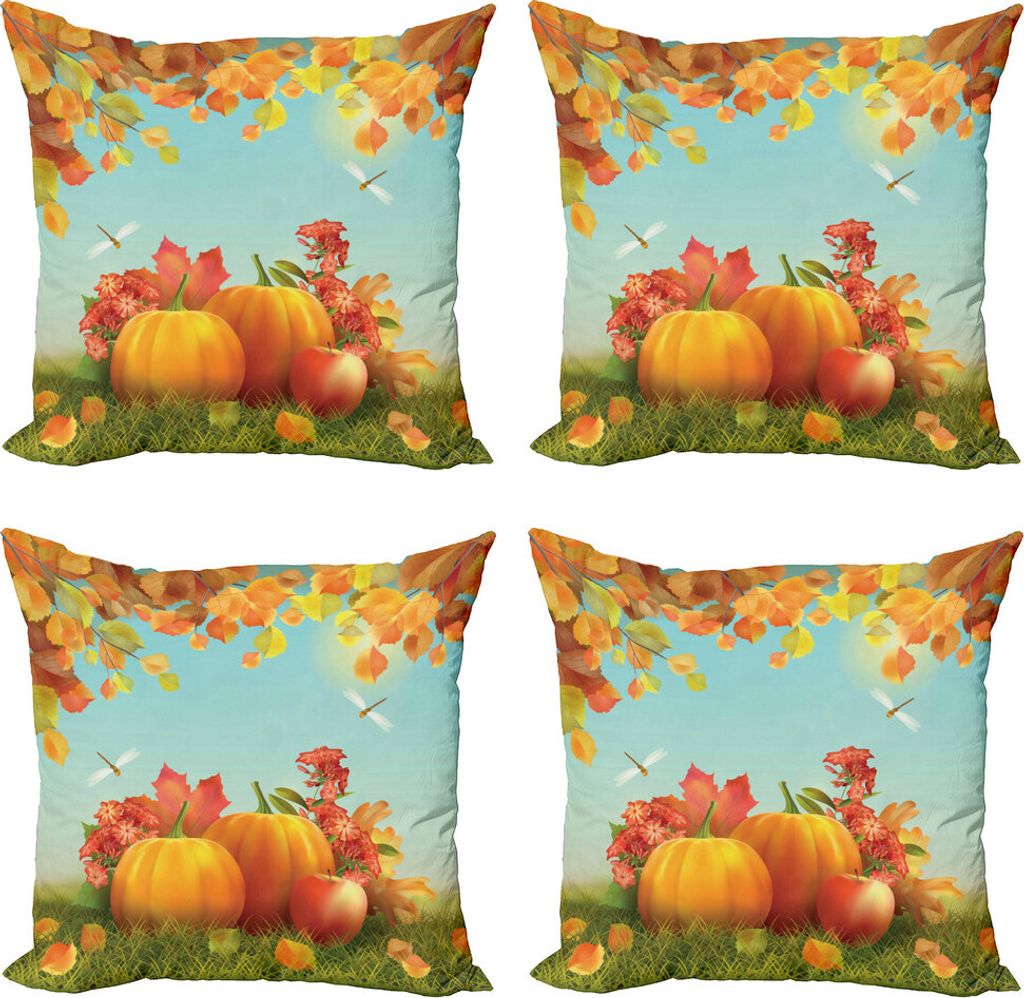 ABAKUHAUS Ernte Kissenbezug Set (4 Stück), Herbstsaison Yield Blatt, Moderner Doppelseitiger Digitaldruck, 40 cm x 40 cm, Orange Vermilion Grün