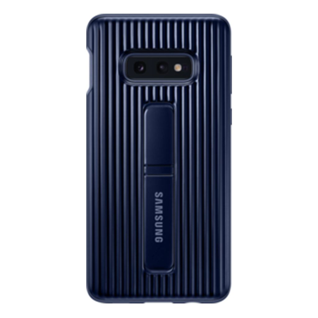 A dark blue Samsung phone case with a ribbed texture and a built-in kickstand.