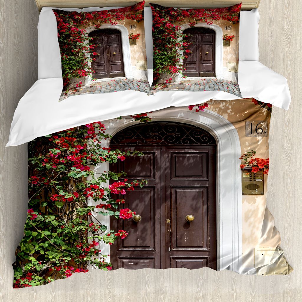 ABAKUHAUS marokkanisch Bettbezug, Alte Tür mit Blumen, Milbensicher Allergiker geeignet mit Kissenbezügen, 200 cm x 200 cm - 80 x 80 cm, Mehrfarbig