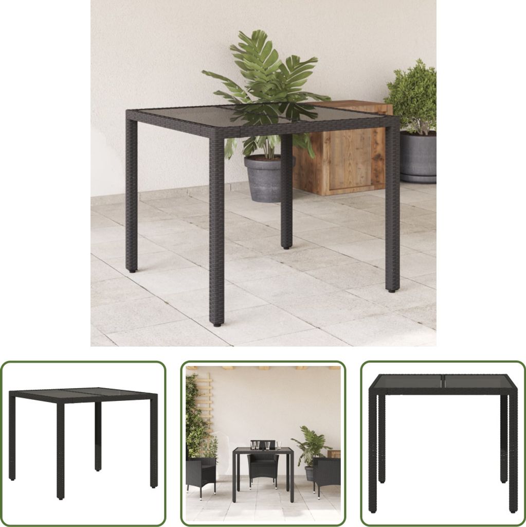The Living Store Gartentisch mit Glasplatte Schwarz 90x90x75 cm Poly Rattan