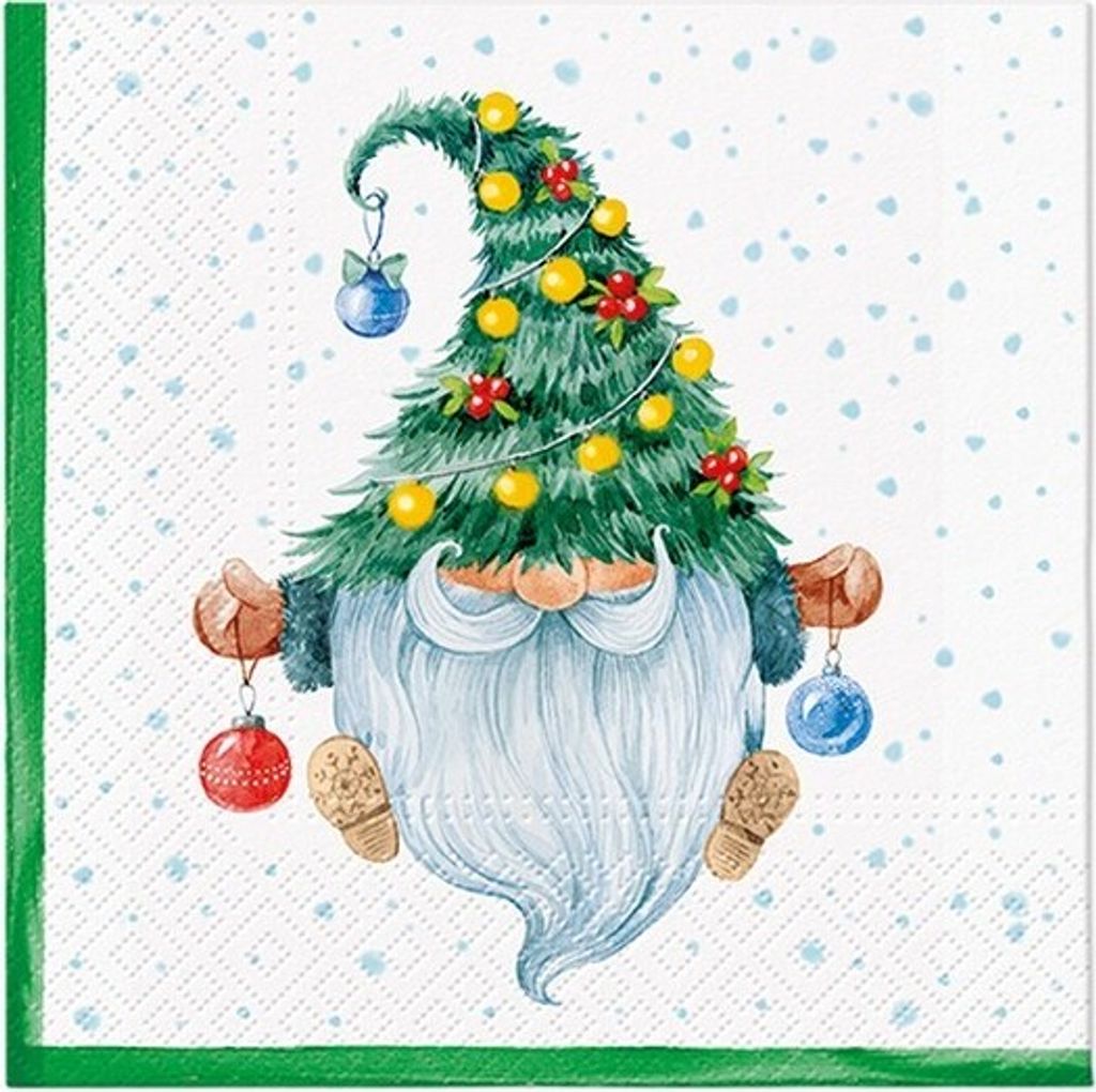 20 Servietten Fancy Gnome - Zwerg mit Mütze als Tannenbaum 33x33cm