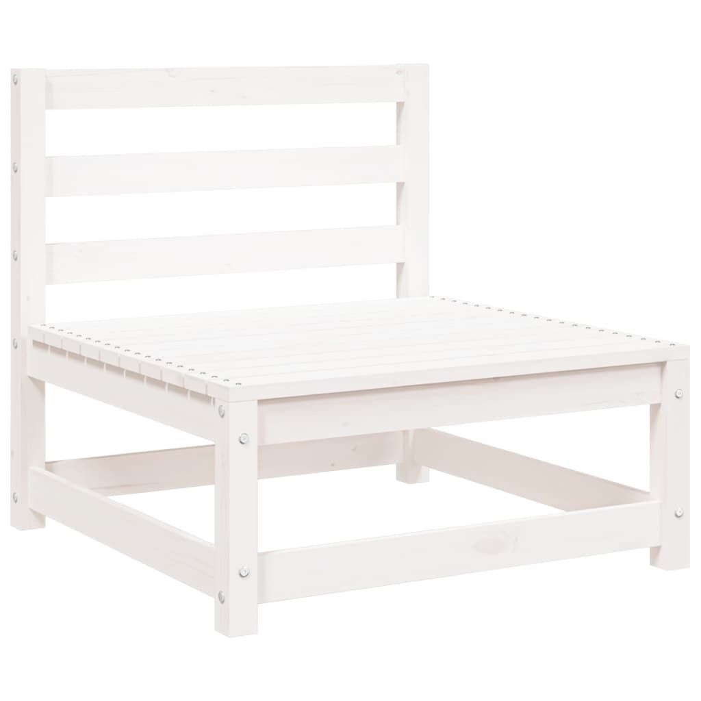 A white wooden outdoor sofa without armrests is shown against a white background.