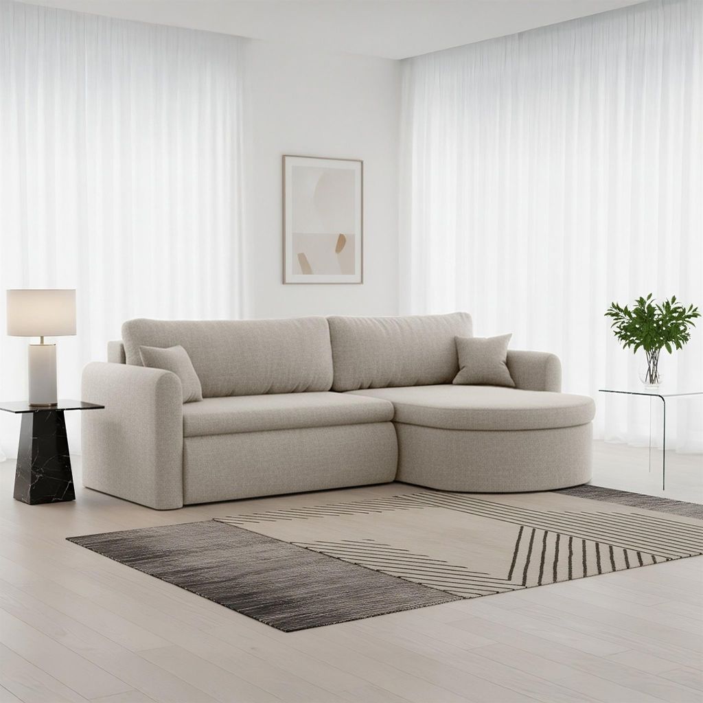 Ecksofa Schlafsofa FELIZ Stoff Faro Beige Ottomane Rechts