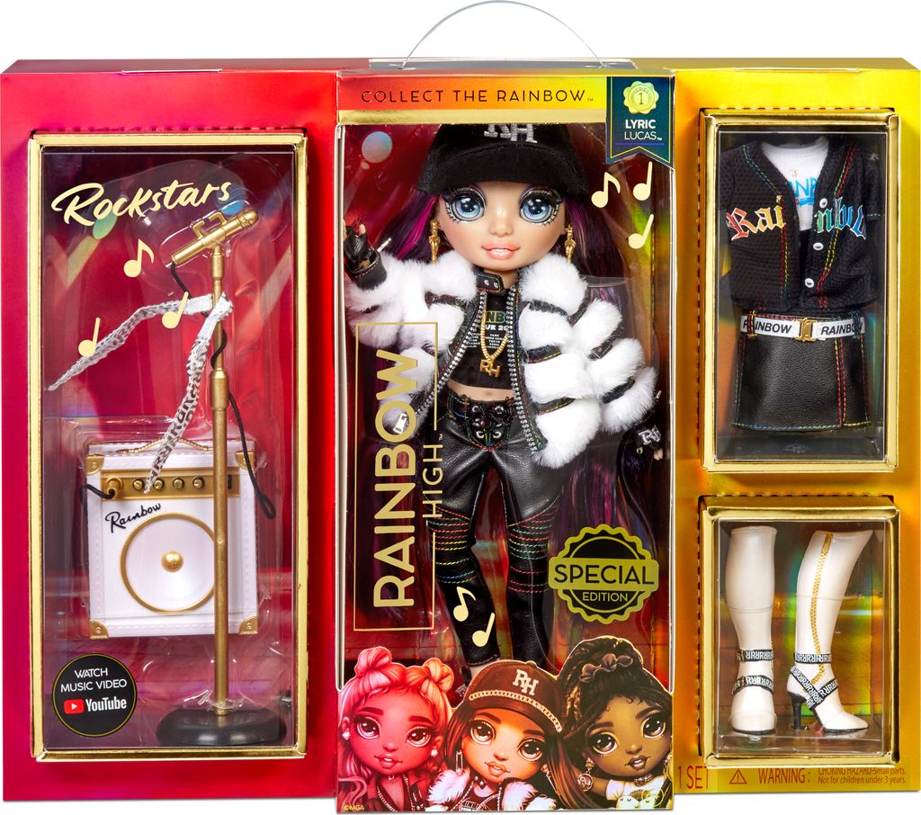 A product box for a Rainbow High Rockstars doll, Lyric Lucas, showing the doll, accessories, and clothing.