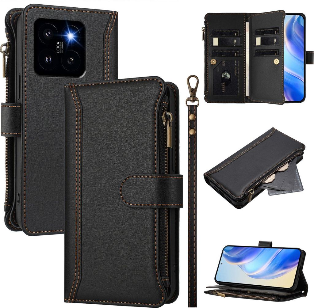 Handyhülle für Xiaomi 14 Pro Reißverschluss Geldbörse Kunstleder Klapphülle mit Kartensteckplatz, Ständer, Handschlaufe Schwarz