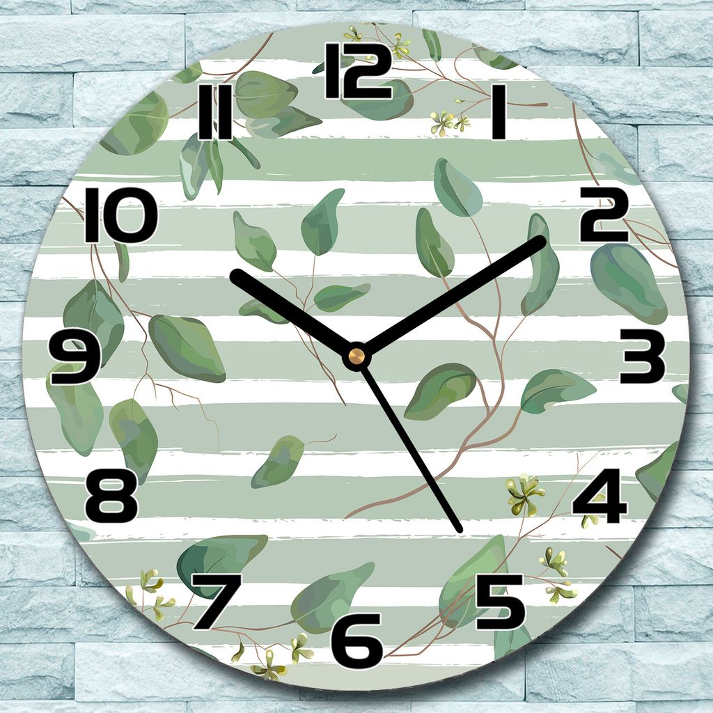 Wanduhr aus Glas Rund fi 30 Minzblätter Streifen Quarz Deko Wohnzimmer Büro