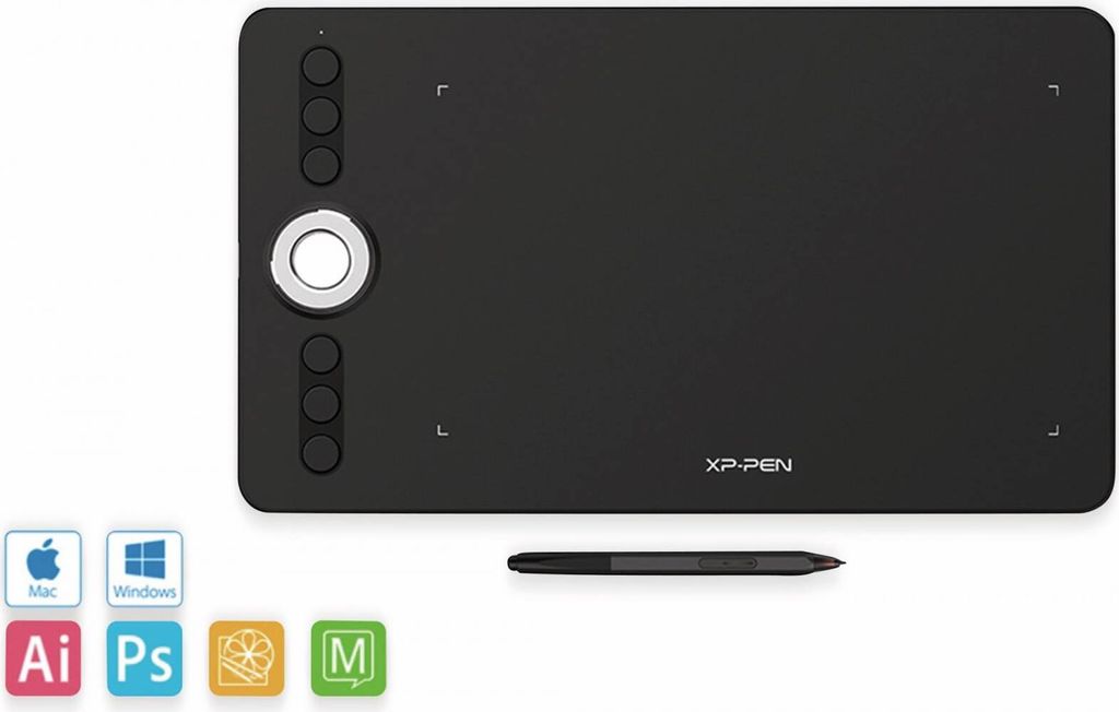 A black drawing tablet and stylus are shown on a white background, with compatibility icons for Mac, Windows, Adobe Illustrator, Photoshop, and MediaPipe.