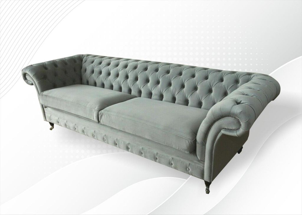 Chesterfield 4 Sitzer Grau Dreisitzer Stoff Design Couchen Polster Sofas xxl big