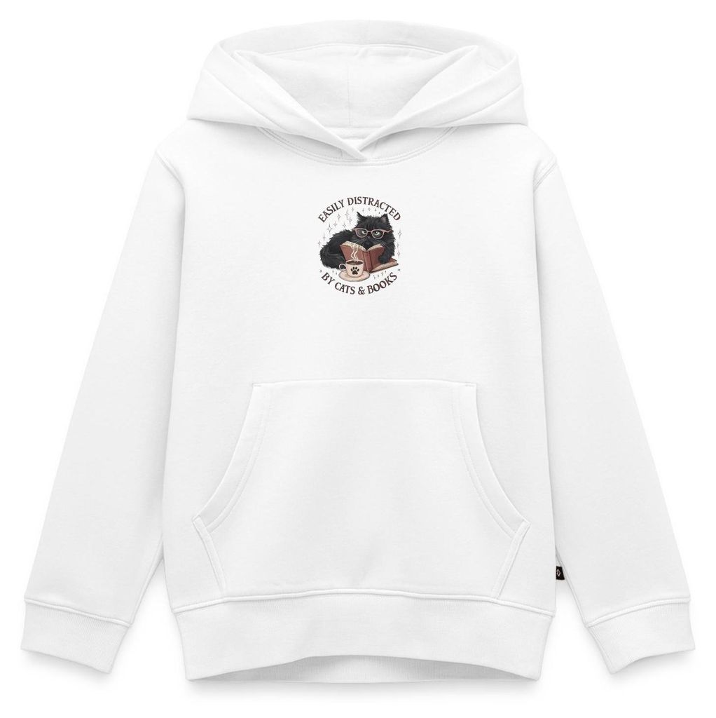 Spreadshirt Easily Distracted By Cats & Books | Leseratte Katze Kinder Premium Hoodie, 158/164 (12 Jahre), Weiß