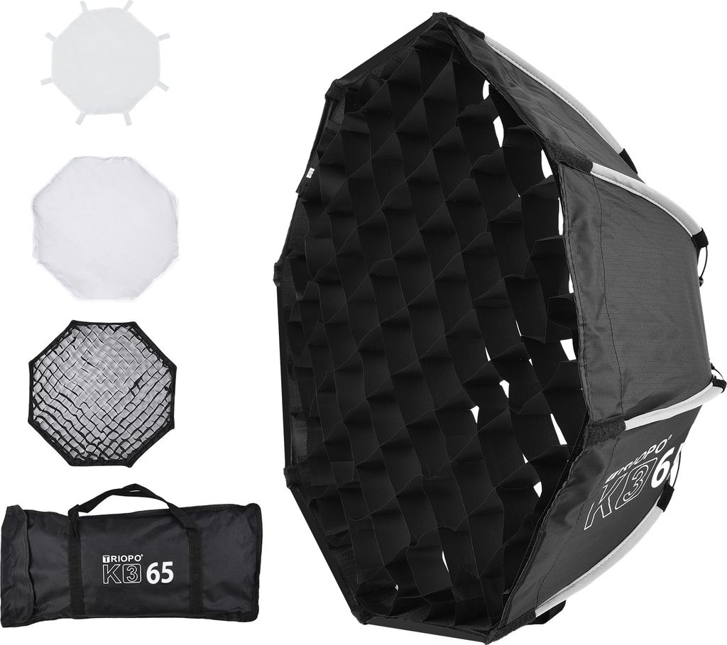 TRIOPO K3 65 cm/25,6 Zoll Octagon Fotografie Softbox Schnellinstallation mit abnehmbarer Bowens Halterung Diffusor Wabengitter Tragetasche fuer Stu...