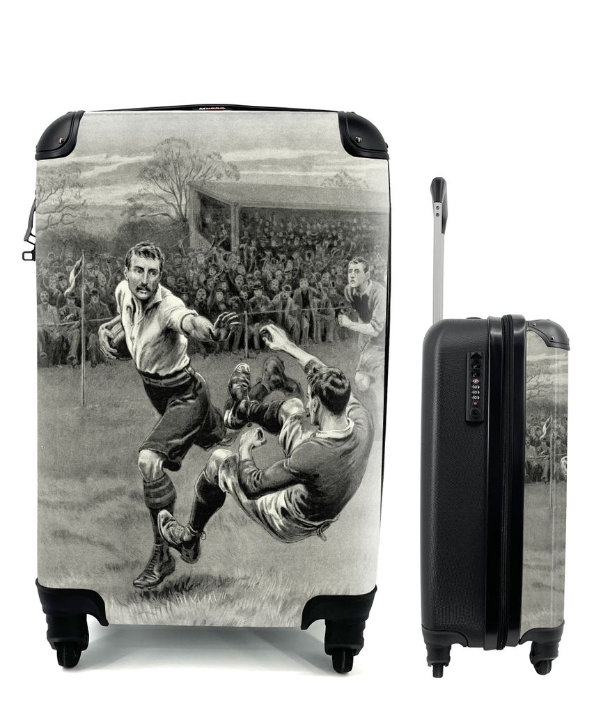 MuchoWow Koffer Handgepäck Trolley Rollkoffer Kleine Reisekoffer mit 4 Rollen - Eine historische Illustration eines Rugbyspiels - Cabin Size < 5...